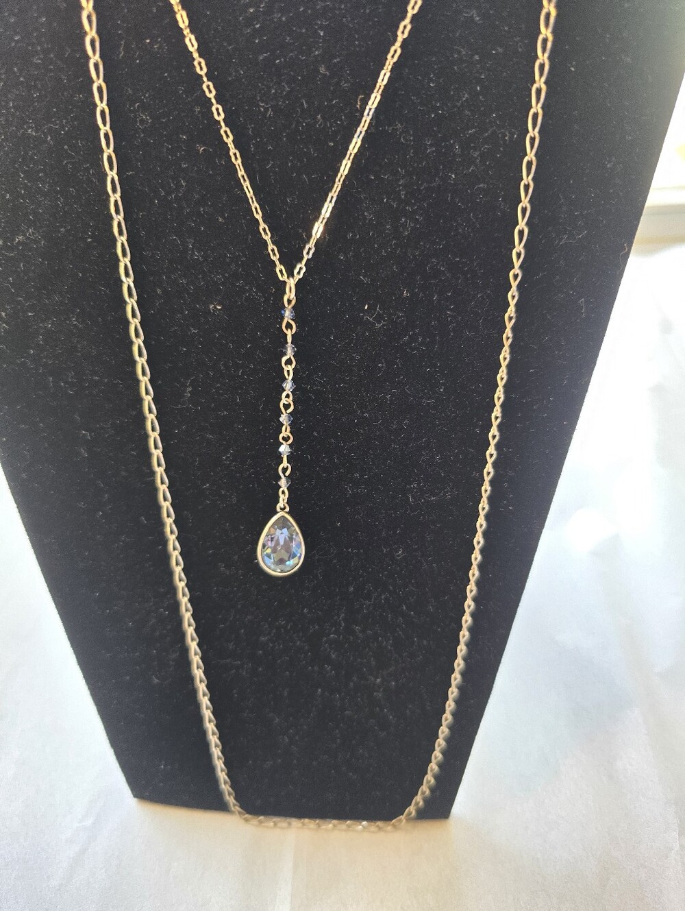 Delicate Silver Teardrop Layered Necklace with Swarovski Montana Crystal - Picture 1 of 3